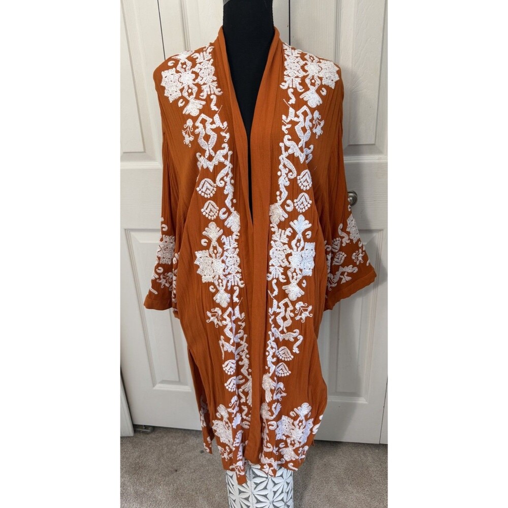 Chico’s Orange Gauze Kimono White Floral Embroidered Long Open Front Top XXS/XS